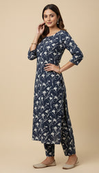 Khaddar Floral Print Midnight Blue 2-Piece Kurta Suit Set | SuitsMeUK