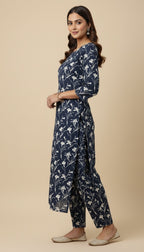 Khaddar Floral Print Midnight Blue 2-Piece Kurta Suit Set | SuitsMeUK