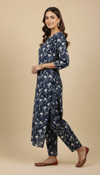 Khaddar Floral Print Midnight Blue 2-Piece Kurta Suit Set | SuitsMeUK