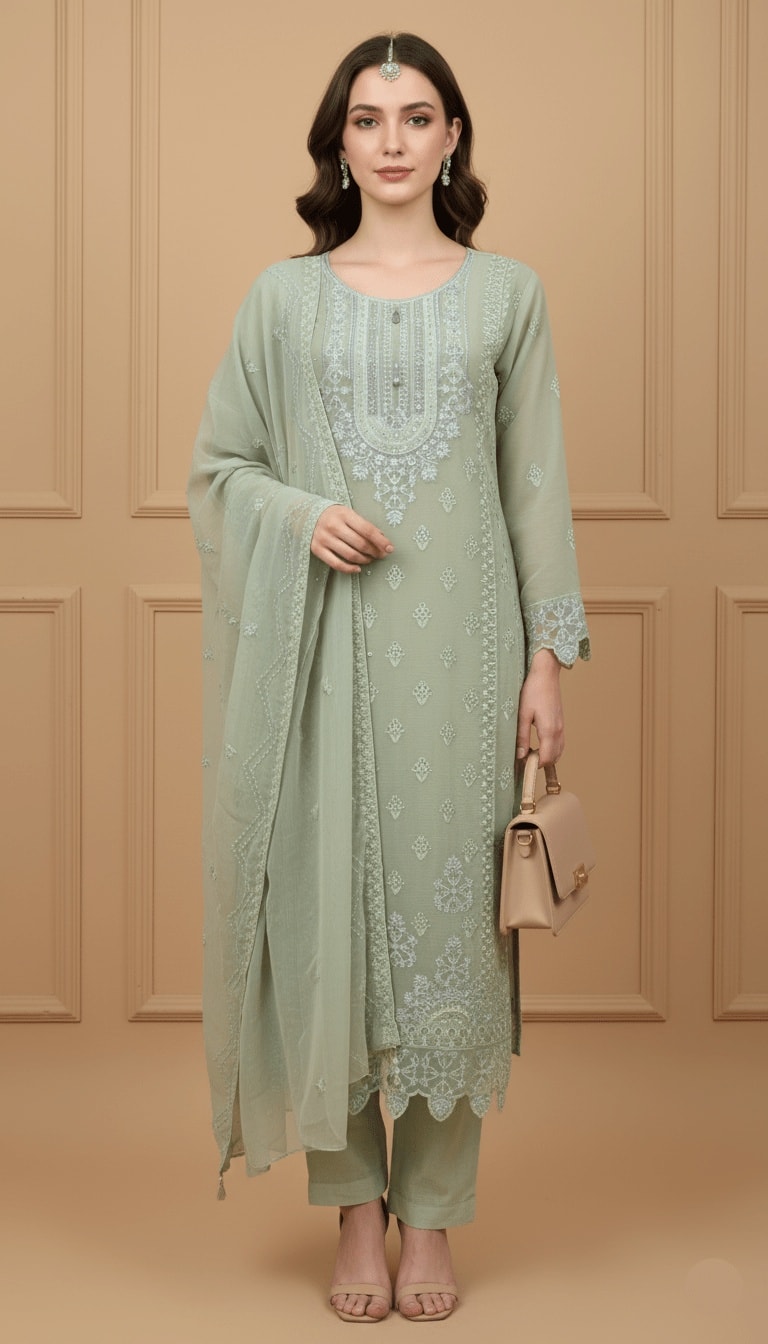 Laila Mint Green Embroidered Georgette 3-Piece Suit