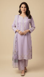 Lavender Bloom Cotton Embroidered 3-Piece Trouser Suit