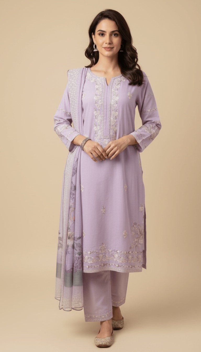 Lavender Bloom Cotton Embroidered 3-Piece Trouser Suit