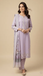 Lavender Bloom Cotton Embroidered 3-Piece Trouser Suit
