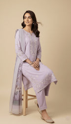 Lavender Bloom Cotton Embroidered 3-Piece Trouser Suit