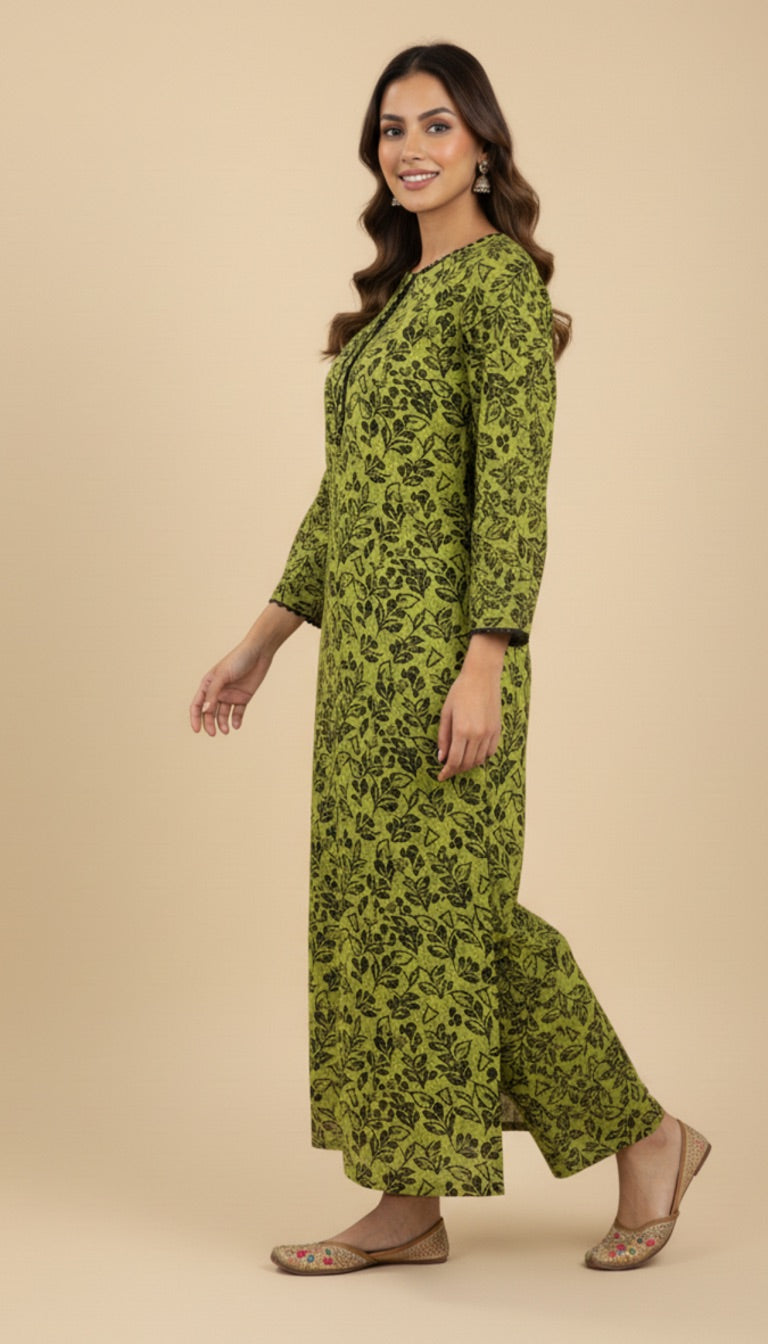 Lime Green Khaddar Floral Print 2PC Coord Suit | SuitsMeUK