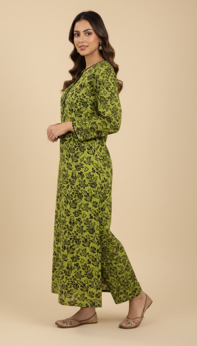 Lime Green Khaddar Floral Print 2PC Coord Suit | SuitsMeUK
