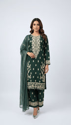 Emerald Cream Traditional Embroidered Linen 3-Piece Plazo Suit