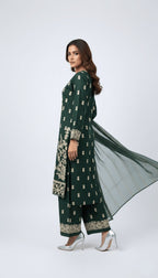 Emerald Cream Traditional Embroidered Linen 3-Piece Plazo Suit