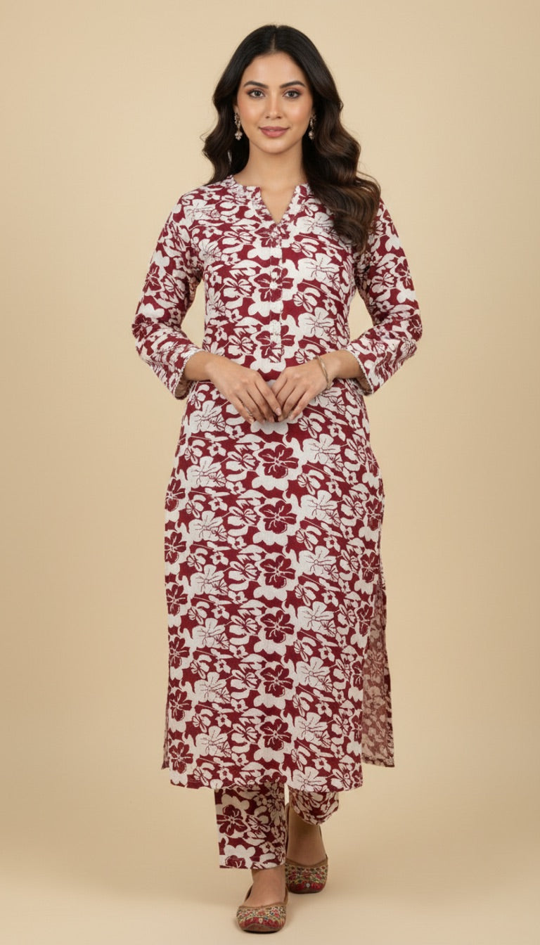 Maroon & Off-White Khaddar Floral Print 2PC Coord Suit | SuitsMeUK