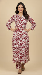 Maroon & Off-White Khaddar Floral Print 2PC Coord Suit | SuitsMeUK