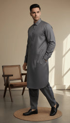 Men's Classic Charcoal Grey Solid Kameez Shalwar 2-Piece Suit