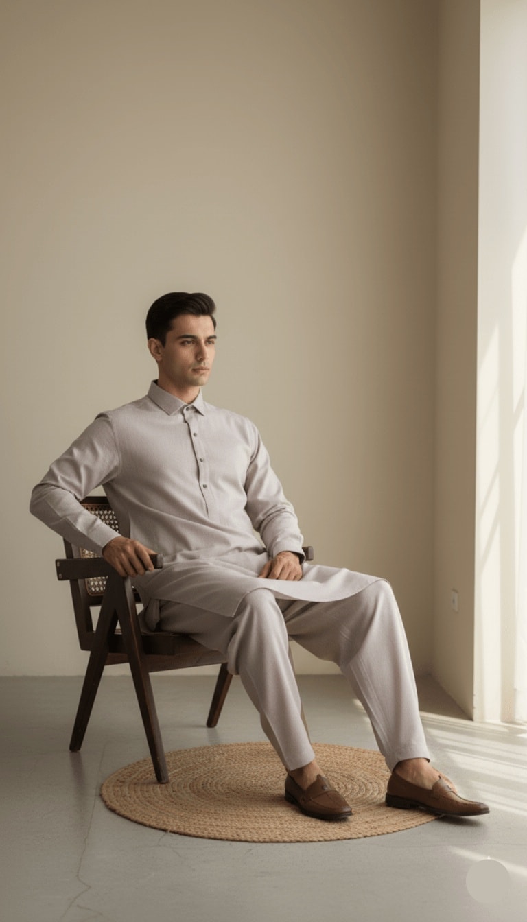 Men's Classic Taupe Grey Blended Kameez Shalwar 2-Piece Suit