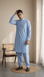 Men's Classic Teal Blue Solid Kameez Shalwar 2-Piece Suit