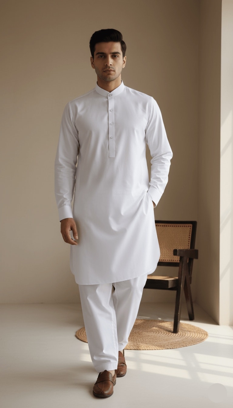Men's Classic Pure White Blended Kameez Shalwar 2-Piece Suit