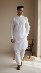 Men's Classic Pure White Blended Kameez Shalwar 2-Piece Suit
