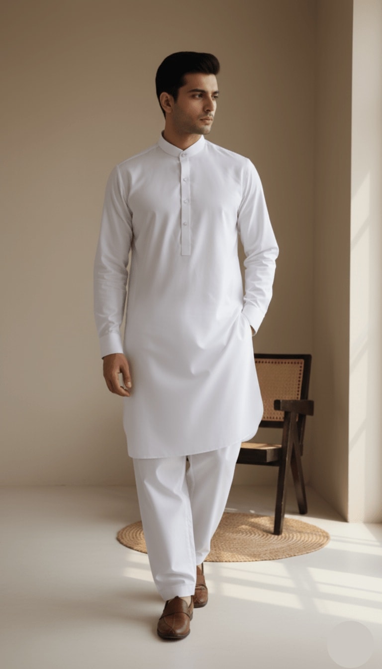 Men's Classic Pure White Blended Kameez Shalwar 2-Piece Suit