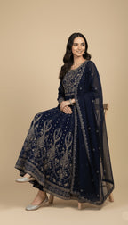 Midnight Sapphire Embroidered Chiffon 3-Piece Anarkali Suit