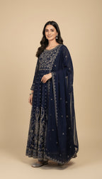 Midnight Sapphire Embroidered Chiffon 3-Piece Anarkali Suit
