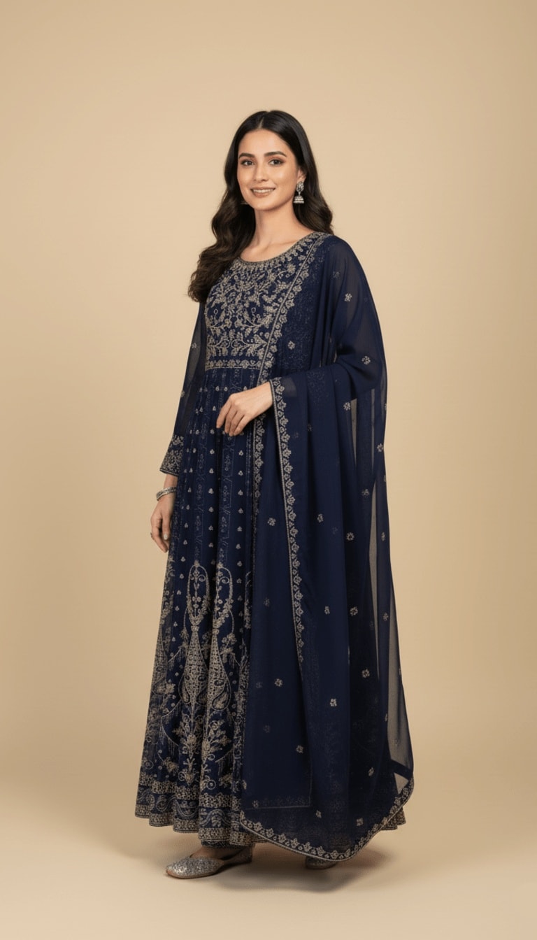 Midnight Sapphire Embroidered Chiffon 3-Piece Anarkali Suit