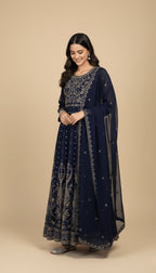 Midnight Sapphire Embroidered Chiffon 3-Piece Anarkali Suit
