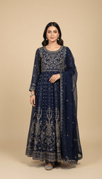 Midnight Sapphire Embroidered Chiffon 3-Piece Anarkali Suit