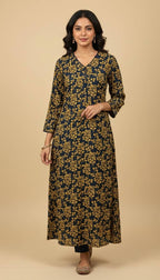 Navy Mustard Floral Khaddar Print 2PC Coord Suit | SuitsMeUK