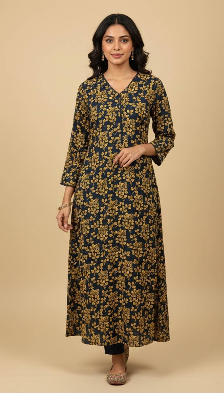 Navy Mustard Floral Khaddar Print 2PC Coord Suit | SuitsMeUK