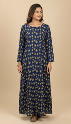 Navy Blue Linen Printed Maxi Dress Top Only