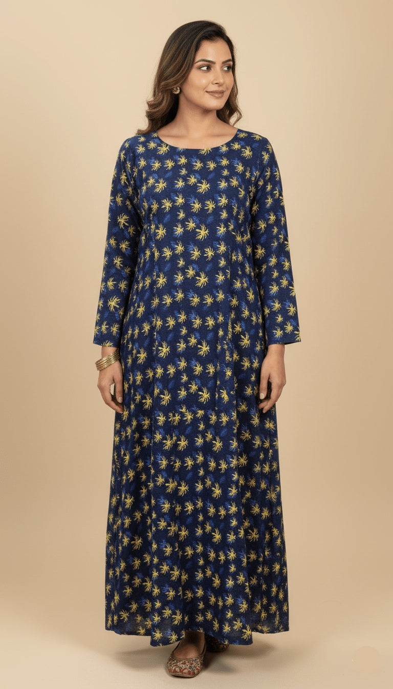 Navy Blue Linen Printed Maxi Dress Top Only