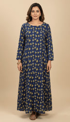 Navy Blue Linen Printed Maxi Dress Top Only