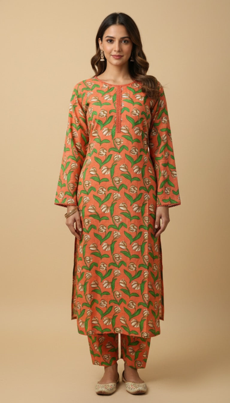 Orange Green Floral Tulip Khaddar 2PC Coord Suit | SuitsMeUK