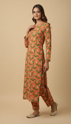 Orange Green Floral Tulip Khaddar 2PC Coord Suit | SuitsMeUK