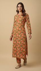 Orange Green Floral Tulip Khaddar 2PC Coord Suit | SuitsMeUK