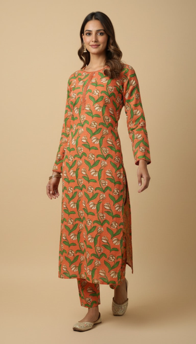 Orange Green Floral Tulip Khaddar 2PC Coord Suit | SuitsMeUK