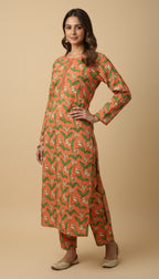 Orange Green Floral Tulip Khaddar 2PC Coord Suit | SuitsMeUK