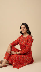 Red Floral Khaddar Print 2PC Winter Coord Suit | SuitsMeUK