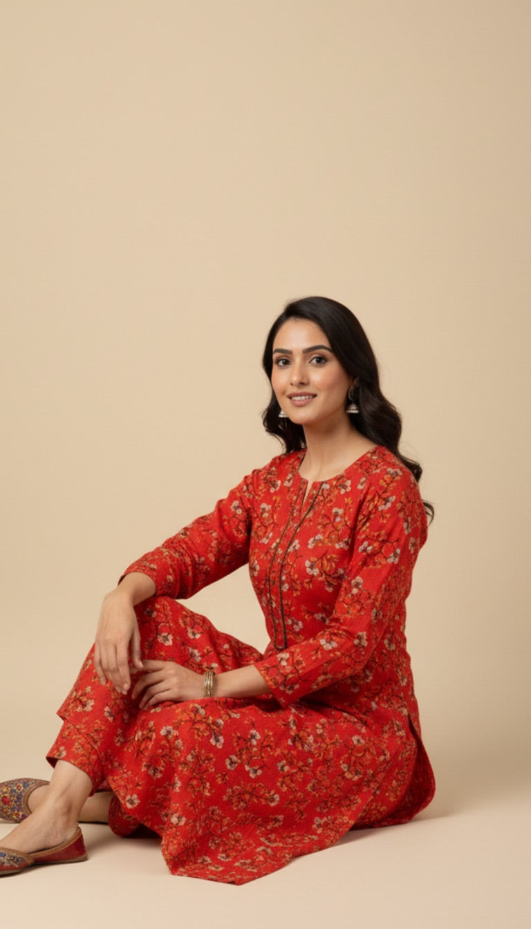 Red Floral Khaddar Print 2PC Winter Coord Suit | SuitsMeUK