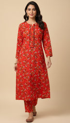 Red Floral Khaddar Print 2PC Winter Coord Suit | SuitsMeUK