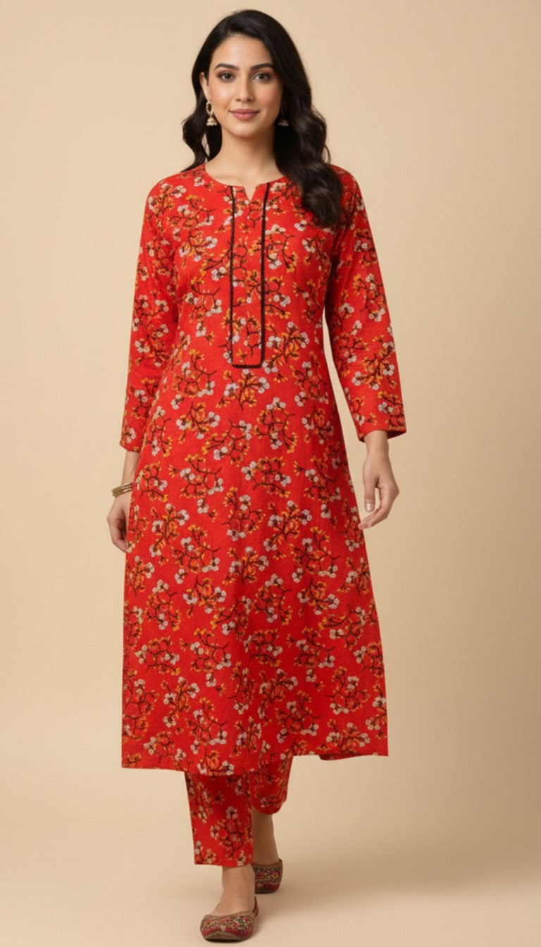 Red Floral Khaddar Print 2PC Winter Coord Suit | SuitsMeUK