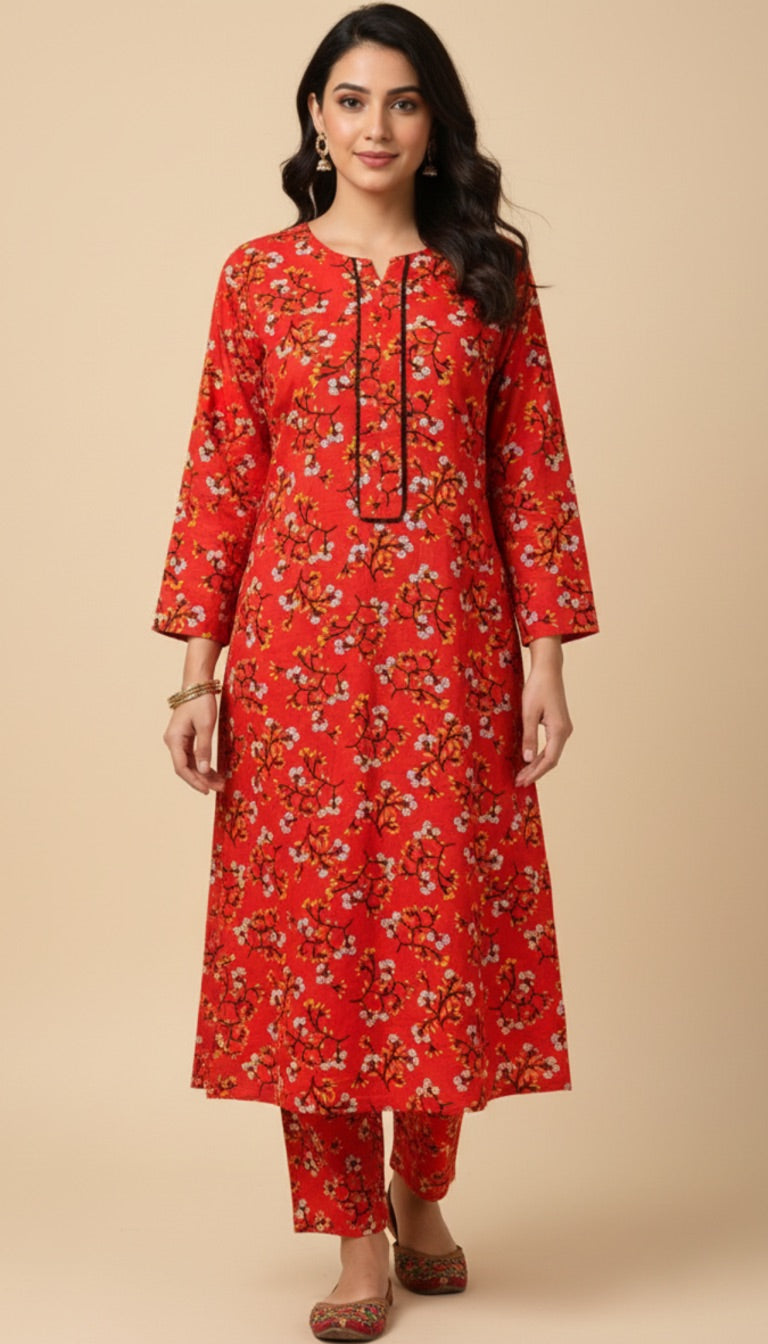 Red Floral Khaddar Print 2PC Winter Coord Suit | SuitsMeUK