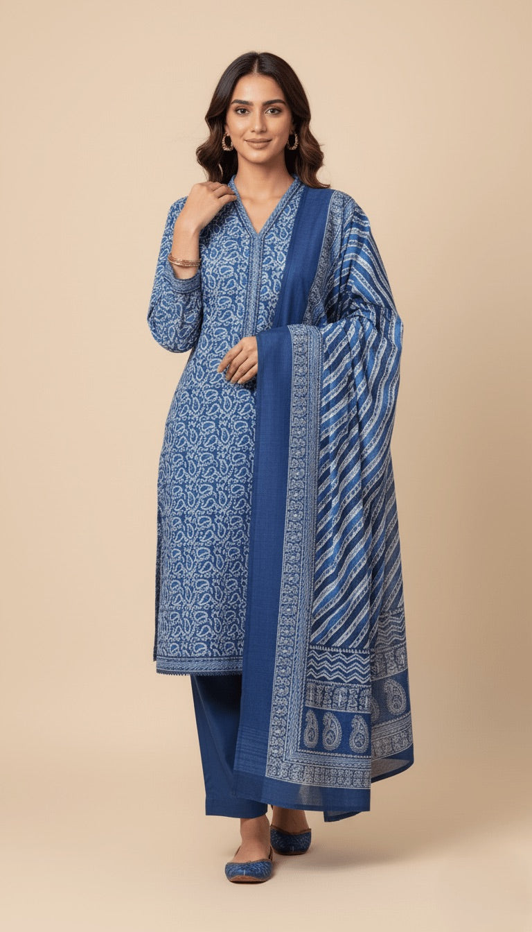 Binsaeed Royal Blue Paisley Print Khaddar 3PC Suit with Shawl | SuitsMeUK