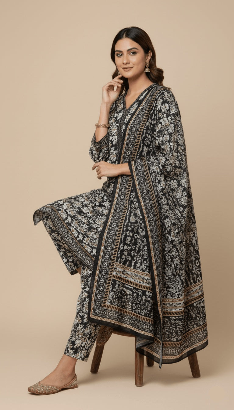 Binsaeed Three-Piece Black & White Floral Khaddar Digital Printed Suit