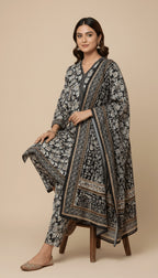 Binsaeed Three-Piece Black & White Floral Khaddar Digital Printed Suit