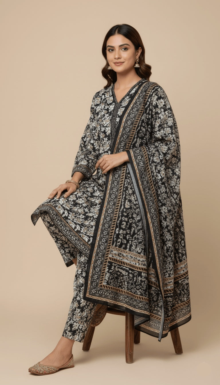 Binsaeed Three-Piece Black & White Floral Khaddar Digital Printed Suit