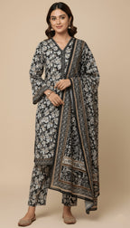 Binsaeed Three-Piece Black & White Floral Khaddar Digital Printed Suit