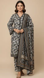 Binsaeed Three-Piece Black & White Floral Khaddar Digital Printed Suit