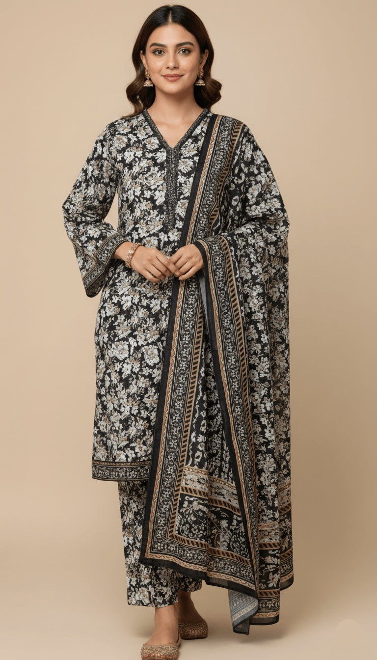 Binsaeed Three-Piece Black & White Floral Khaddar Digital Printed Suit