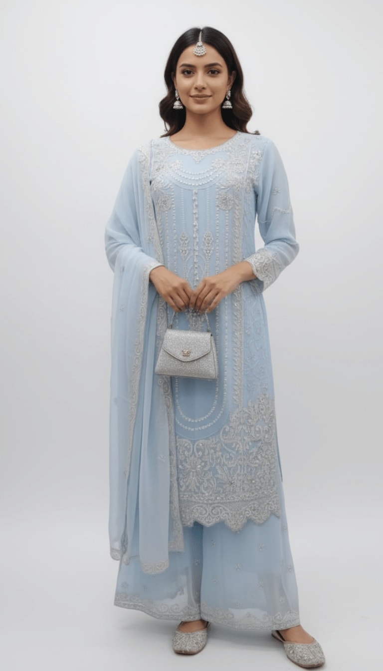 Sky Blue Pearl Embroidered Chiffon 3-Piece Plazo Suit