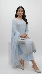 Sky Blue Pearl Embroidered Chiffon 3-Piece Plazo Suit