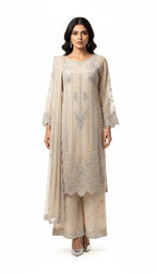 Ivory Pearl Silver Embellished Chiffon 3-Piece Plazo Suit